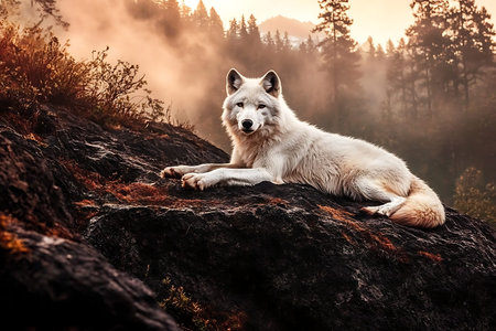 An Arctic wolf lounges gracefully on a rocky surface at sunrise, surrounded by a misty forest. This...