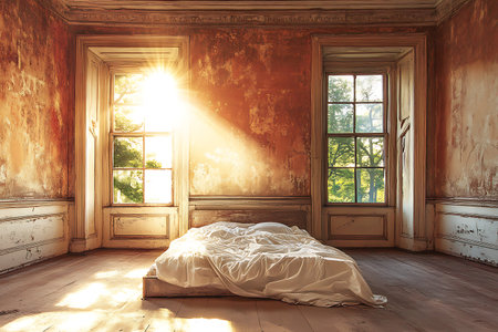 Cozy room illuminated by warm sunlight streaming through vintage windows onto an unmade bed, creating a serene atmosphere perfect for relaxation and reflection.の写真素材