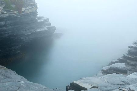 This captivating image features a misty cove surrounded by rugged rocky cliffs and calm water,...