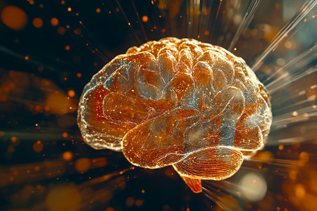 A captivating abstract illustration of a glowing brain, featuring vibrant orange accents and dynamic effects that evoke creativity and innovation in thought.の写真素材