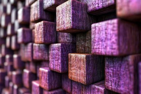 Close-up view of three-dimensional stacked wooden blocks featuring rich shades of purple and brown. Ideal for artistic design, decor, and creative projects.の写真素材