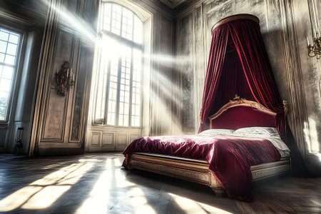 This elegant bedroom showcases a luxurious bed with red drapery, beautifully lit by streaming sunlight flooding through large windows.の写真素材