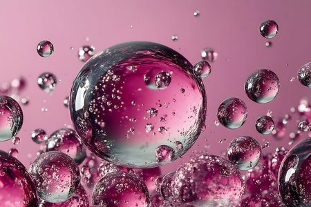 Stunning image of bubbles floating in a pink liquid, showcasing reflections and droplets under soft...