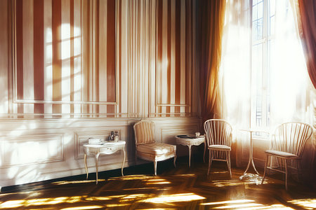A beautifully designed interior featuring vintage furnishings bathed in warm natural light. Soft shadows play on elegant striped walls, creating a serene atmosphere.の写真素材
