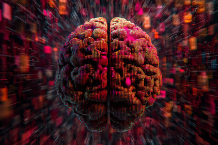 Vivid digital brain imagery depicting data flow, symbolizing artificial intelligence, creativity, and cognitive processes. Perfect for tech and science themes.の写真素材