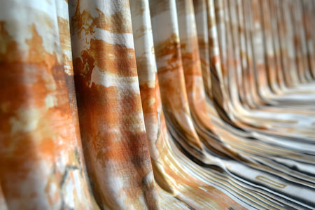 Detailed close-up of textured fabric featuring abstract patterns in warm orange and beige colors. The intricate folds and smooth surface create a visually captivating aesthetic suitable for various design projects.の写真素材