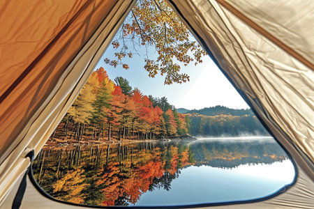 Experience the serenity of autumn as you gaze through a tent doorway at a calm lake, reflecting vibrant trees and the beauty of nature.の写真素材