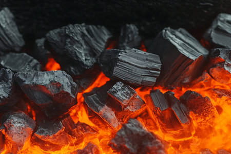 Close-up view of glowing charcoal with bright orange embers showcasing the texture and heat of burning coal in a dark environment. Perfect for themes of energy.の写真素材