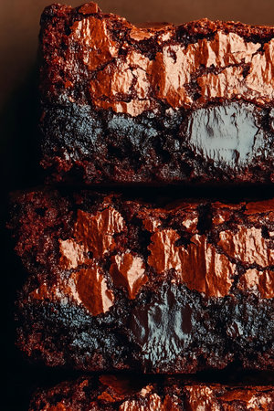 A close-up view of rich chocolate brownies showcasing a cracked surface and moist fudgy texture, perfect for dessert lovers. Ideal for food photography.の写真素材