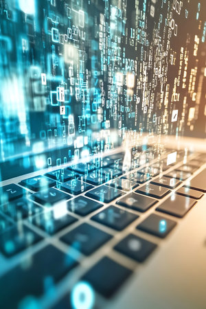 A close-up view of a laptop keyboard enhanced by an abstract digital data stream, representing modern technology and data visualization in a futuristic setting.の写真素材