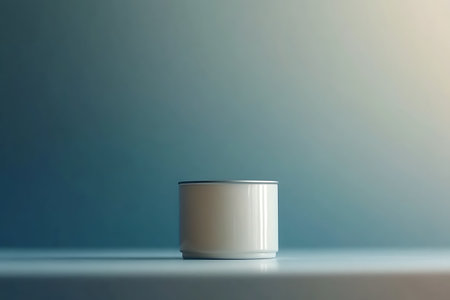 A minimalist round canister rests on a clean surface, illuminated by soft natural light, showcasing an elegant design with a gentle gradient background. Ideal for minimalistic themes.の写真素材