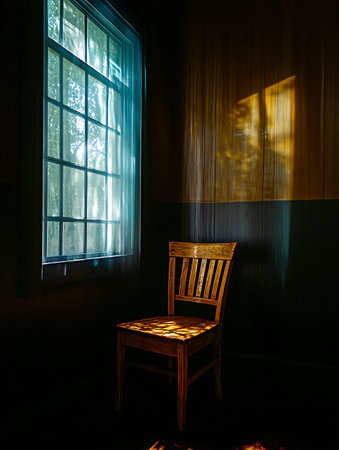 A wooden chair bathed in sunlight creates a serene atmosphere in a dark room. Soft shadows dance on the walls, enhancing the tranquil scene.の写真素材