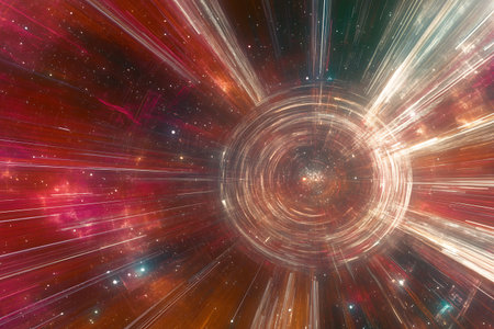 Vibrant digital artwork depicts a stunning cosmic scene with light rays radiating through a unique abstract background, creating a sense of dynamic movement.の写真素材