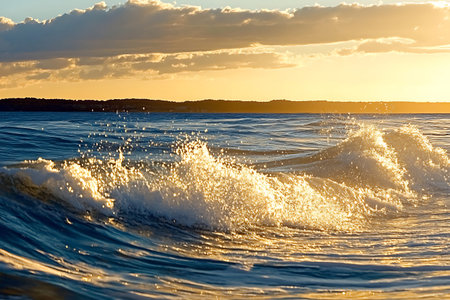 A breathtaking view of gentle ocean waves sparkling under a golden sunset, creating a serene...