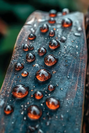 This macro photograph captures vibrant water droplets resting on a surface, showcasing intricate textures and colors.の写真素材