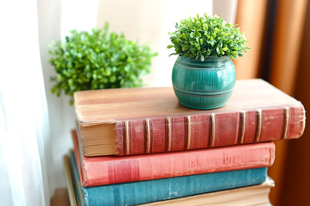 A charming display of vintage books stacked with a small green plant, creating a cozy and inviting atmosphere, perfect for home decor or reading spaces.の写真素材
