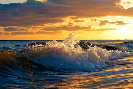 Captivating view of dynamic ocean waves crashing beneath a stunning sunset sky filled with vibrant colors. The golden light reflects on the water, creating a serene atmosphere.の写真素材