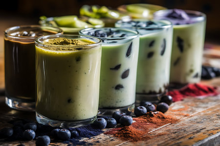 A visually appealing assortment of colorful smoothies served in clear glasses, showcasing a vibrant array of ingredients on a rustic wooden table.の写真素材