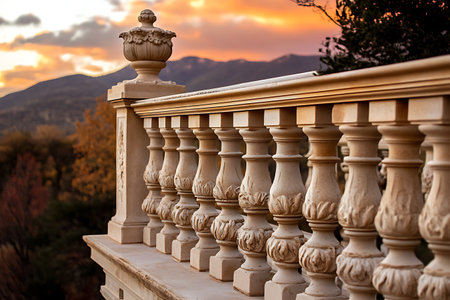 A stunning view of an elegant stone balustrade set against a vibrant sunset, with mountains and trees providing a beautiful backdrop.の写真素材