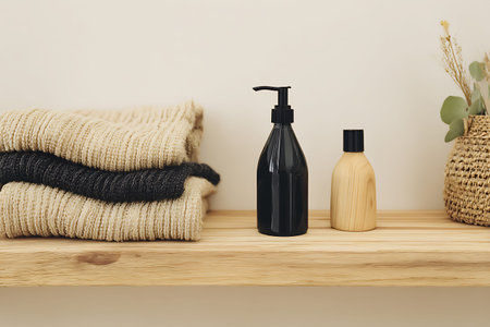 A serene and minimalist bathroom shelf featuring black and brown bottles, stacked towels, and a...