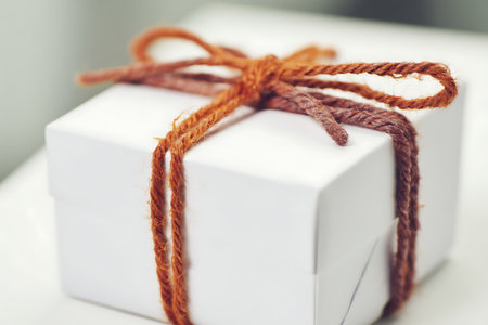 A delicate white gift box elegantly tied with brown twine, perfect for various celebrations or special occasions, showcasing minimalistic design and thoughtful presentation.の写真素材