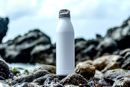 An empty water bottle stands on rocks by the ocean, symbolizing hydration and adventure in a natural setting.の写真素材