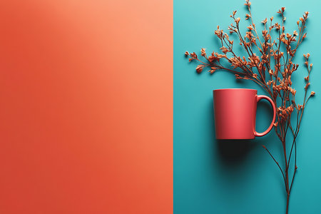 A vibrant image featuring a pink mug beside a branch with dried flowers. Set against a striking orange and aqua backdrop, this arrangement showcases artistic simplicity and cozy elegance.の写真素材