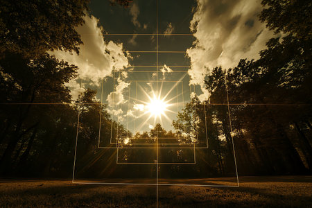 A captivating view of a radiant sunburst glowing above a lush tree line, surrounded by a dramatic, cloudy sky. The image captures the tranquility and beauty of nature during the golden hour.の写真素材