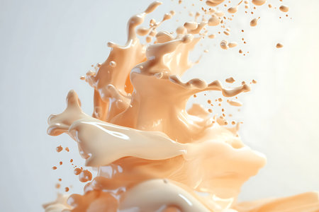 A captivating illustration of a creamy liquid creating dynamic waves and droplets in mid-air. Perfect for culinary, beverage, or artistic themes.の写真素材