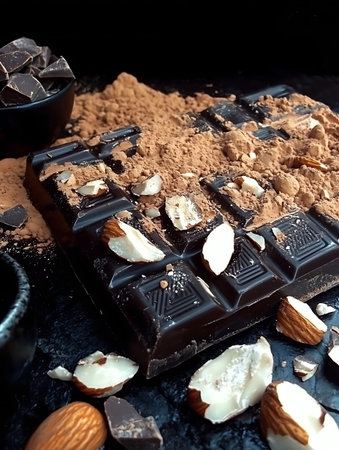 A stunning dark chocolate bar surrounded by cocoa powder and whole almonds, perfect for culinary...
