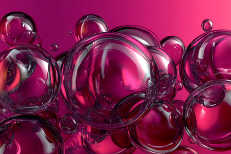 Explore a vibrant background of glossy pink bubbles, showcasing reflections and textures that evoke a sense of modern design. Perfect for artistic projects.の写真素材