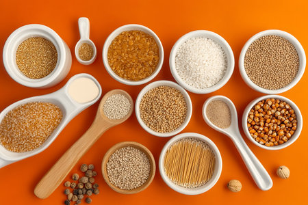 A vibrant arrangement of various grains and seeds in bowls against a bright orange background, ideal for culinary inspiration and healthy cooking ideas.の写真素材