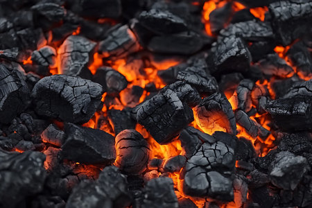 Close-up view of glowing charcoal embers radiating vibrant orange flames against a dark background, symbolizing heat and energy, perfect for cooking themes.の写真素材