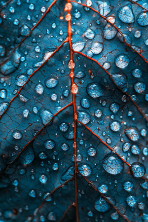 This close-up image captures a leaf's surface adorned with water droplets, showcasing beautiful...