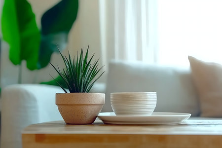 A serene scene showcasing a potted plant beside minimalist tableware, perfect for a cozy living room. Ideal for illustrating modern home aesthetics.の写真素材
