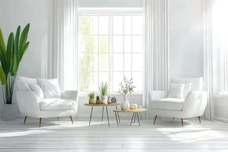 A bright and airy living room featuring white furniture, stylish decor, and vibrant indoor plants, creating a tranquil and inviting atmosphere.の写真素材