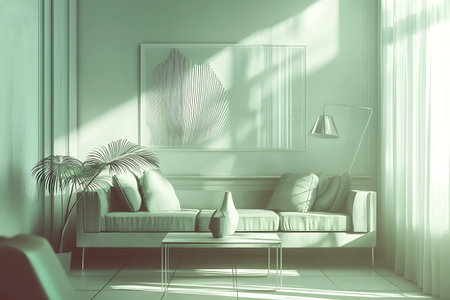 A beautifully designed modern living room showcasing soft green hues, elegant furniture, and natural light. Ideal for contemporary home decor inspiration.の写真素材