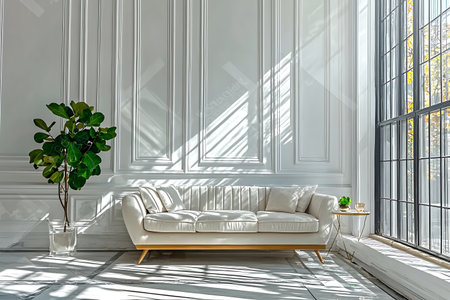 A serene living room featuring a modern sofa bathed in natural light from large windows. The elegant space boasts minimalist decor and calming greenery.の写真素材