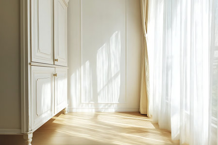 A peaceful and bright corner in a modern home, featuring soft sunlight filtering through elegant curtains, creating an inviting and serene atmosphere.の写真素材