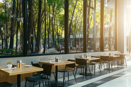 A tranquil modern restaurant with wooden tables and sleek chairs offers a view of lush greenery...