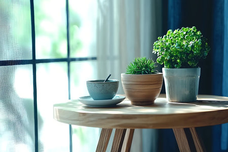 A cozy indoor scene featuring potted plants and a cup of tea on a sunlit wooden table, creating a tranquil and inviting atmosphere perfect for relaxation.の写真素材