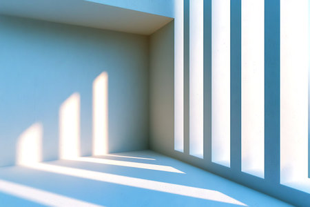Explore the interplay of light and shadow in this minimalist interior, showcasing soft blue hues and geometric lines that create a serene atmosphere.の写真素材