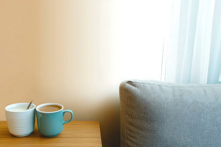 A cozy morning scene featuring two mugs of coffee and creamer on a wooden table beside a soft couch,...