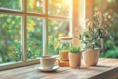 A serene indoor scene featuring a cup and potted plants by a sunlit window, perfect for a peaceful morning moment, inviting comfort and nature into the home.の写真素材
