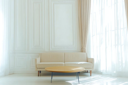 A bright and minimalist living room showcasing a stylish sofa and a round coffee table. The space features soft colors and natural light, creating a serene and inviting atmosphere.の写真素材