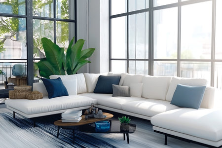 This bright and airy living room showcases a modern white sectional sofa with decorative pillows,...