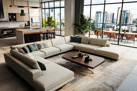 This modern living room features elegant furniture and a stunning urban view through large windows,...