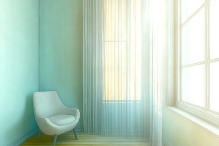 A bright corner in a serene room featuring a soft chair, sheer curtains, and warm sunlight bringing a tranquil ambiance to the space. Perfect for relaxation.の写真素材