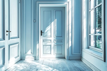A serene hallway featuring a beautiful blue color palette, elegant doors, and soft, natural light...