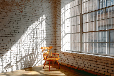 A serene interior scene featuring a wooden chair in a bright corner with sunlight casting intricate shadows on a white brick wall. Ideal for home decor inspirations.の写真素材